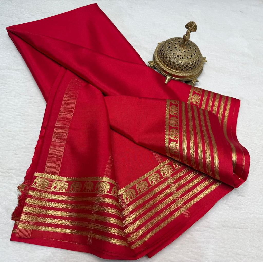 Red Mysore silk sarees with Gold Zari Elephant Border