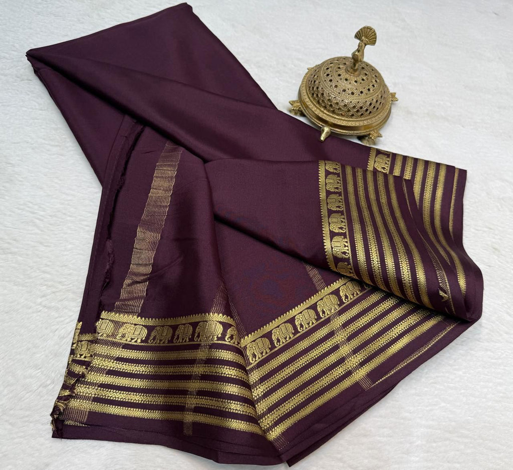 Deep Wine Mysore silk sarees with Gold Zari Elephant Border