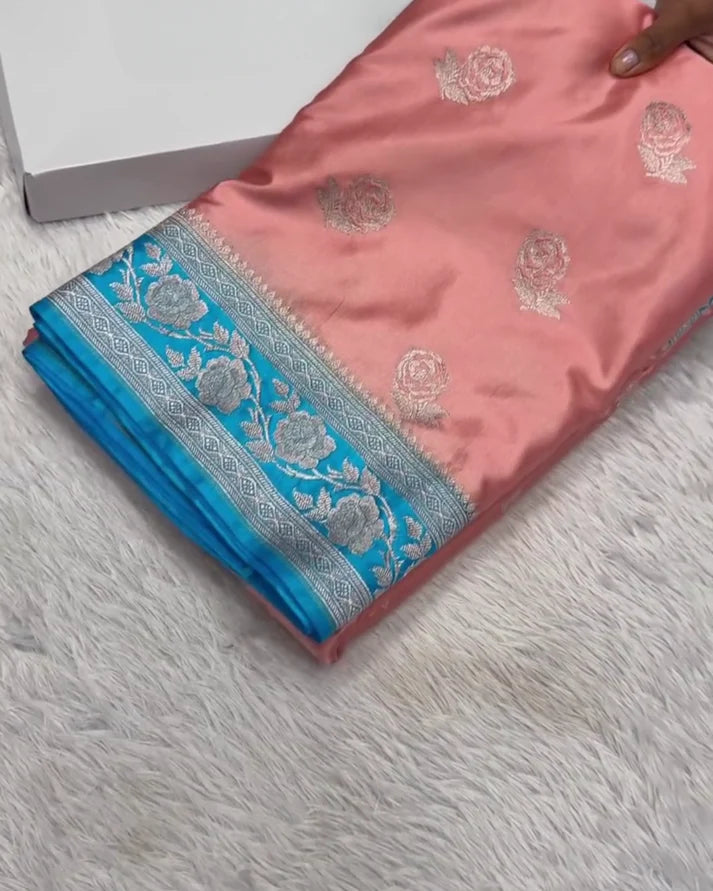 Premium Banarasi Mashru Silk Saree with Floral Zari Bootas & Contrast Border