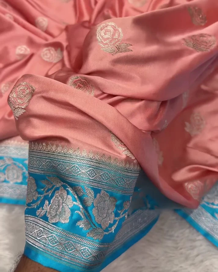 Premium Banarasi Mashru Silk Saree with Floral Zari Bootas & Contrast Border