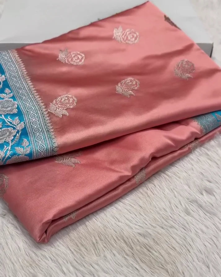 Premium Banarasi Mashru Silk Saree with Floral Zari Bootas & Contrast Border