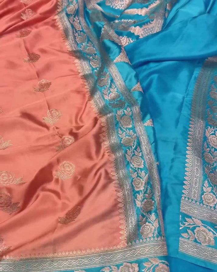 Premium Banarasi Mashru Silk Saree with Floral Zari Bootas & Contrast Border