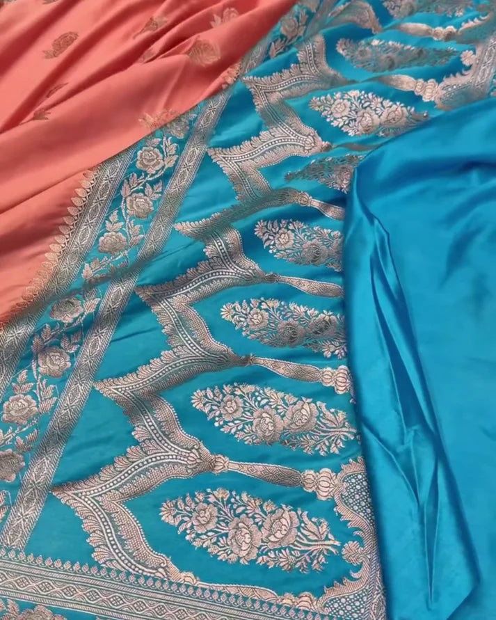Premium Banarasi Mashru Silk Saree with Floral Zari Bootas & Contrast Border