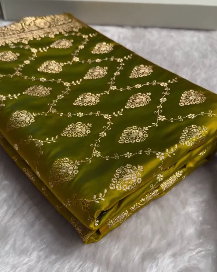 Olive Banarasi Katan Satin Silk Saree with Golden Zari Weaving | AJA