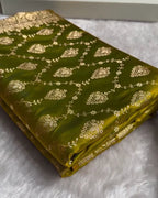 Olive Banarasi Katan Satin Silk Saree with Golden Zari Weaving | AJA