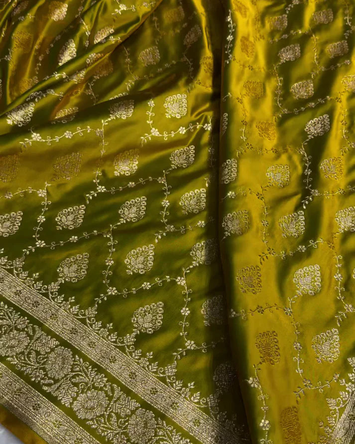 Olive Banarasi Katan Satin Silk Saree with Golden Zari Weaving | AJA
