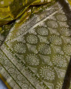 Olive Banarasi Katan Satin Silk Saree with Golden Zari Weaving | AJA