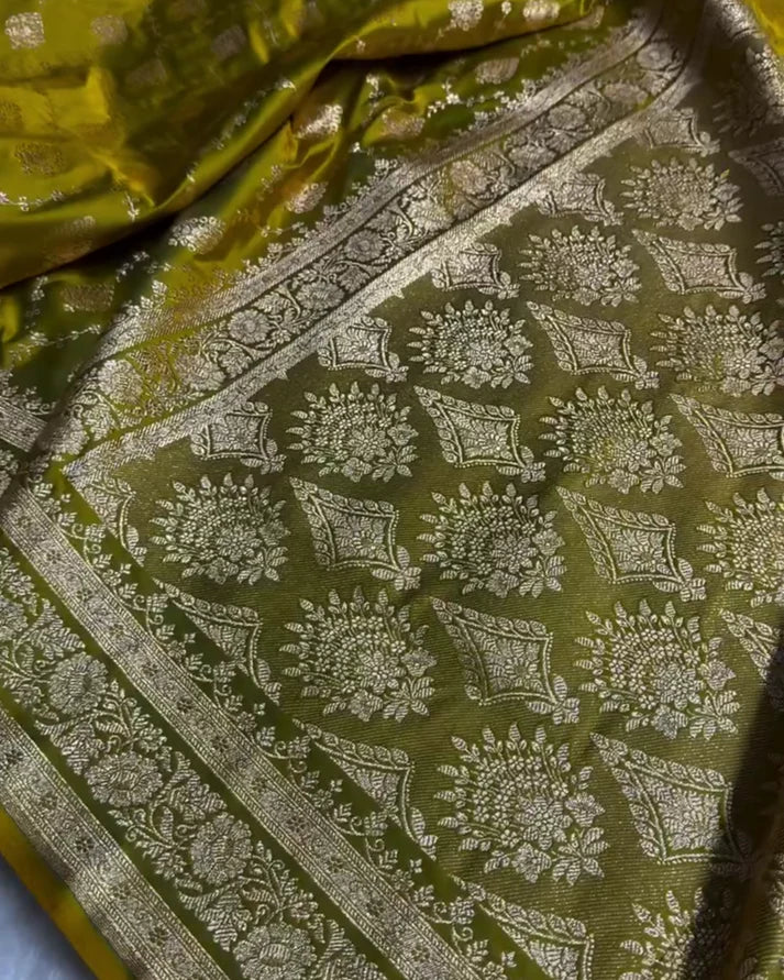 Olive Banarasi Katan Satin Silk Saree with Golden Zari Weaving | AJA
