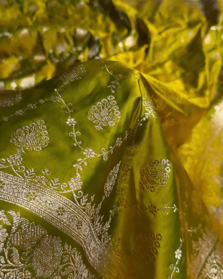 Olive Banarasi Katan Satin Silk Saree with Golden Zari Weaving | AJA