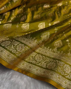 Olive Banarasi Katan Satin Silk Saree with Golden Zari Weaving | AJA