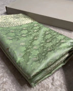 Pista Green Pure Katan Silk Banarasi Saree – Luxury Handloom Bridal & Festive Wear| AJA