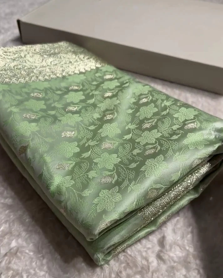 Pista Green Pure Katan Silk Banarasi Saree – Luxury Handloom Bridal & Festive Wear| AJA