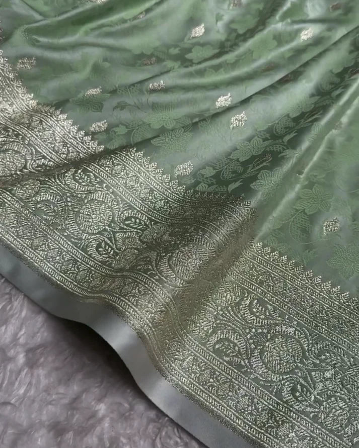 Pista Green Pure Katan Silk Banarasi Saree – Luxury Handloom Bridal & Festive Wear| AJA