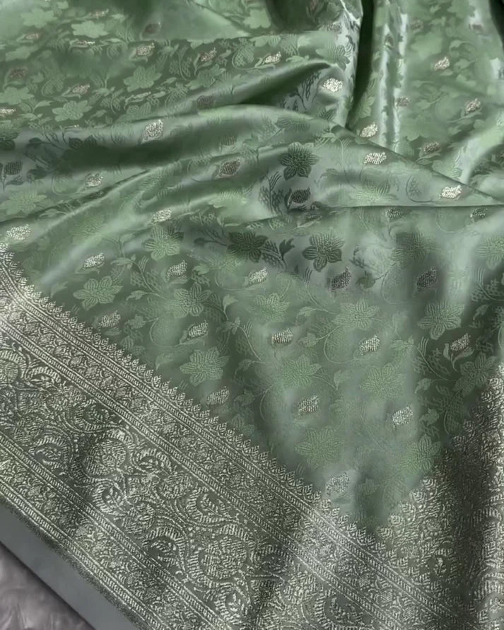 Pista Green Pure Katan Silk Banarasi Saree – Luxury Handloom Bridal & Festive Wear| AJA