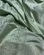 Pista Green Pure Katan Silk Banarasi Saree – Luxury Handloom Bridal & Festive Wear| AJA
