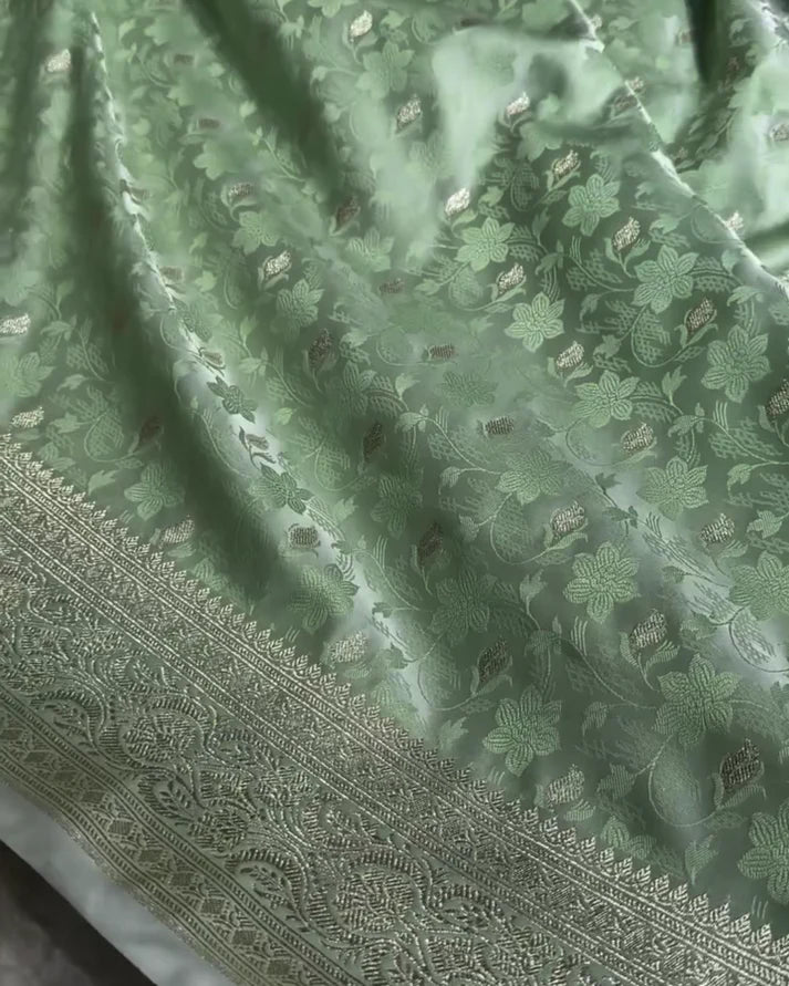 Pista Green Pure Katan Silk Banarasi Saree – Luxury Handloom Bridal & Festive Wear| AJA