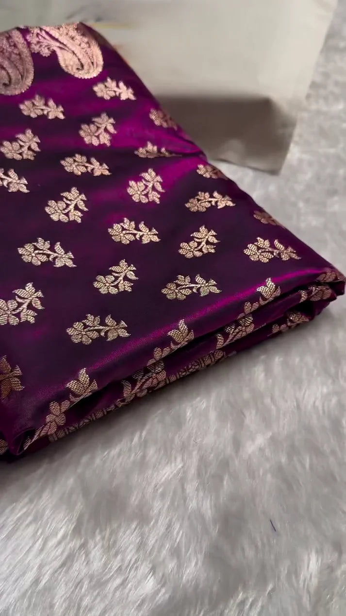 Buy Wine Purple Banarasi Satin Silk Saree with Golden Zari Buti| AJA