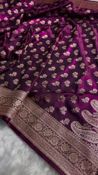 Buy Wine Purple Banarasi Satin Silk Saree with Golden Zari Buti| AJA