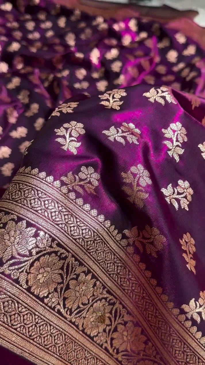Buy Wine Purple Banarasi Satin Silk Saree with Golden Zari Buti| AJA