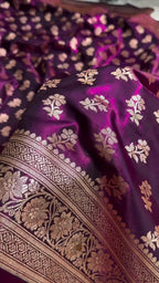 Buy Wine Purple Banarasi Satin Silk Saree with Golden Zari Buti| AJA