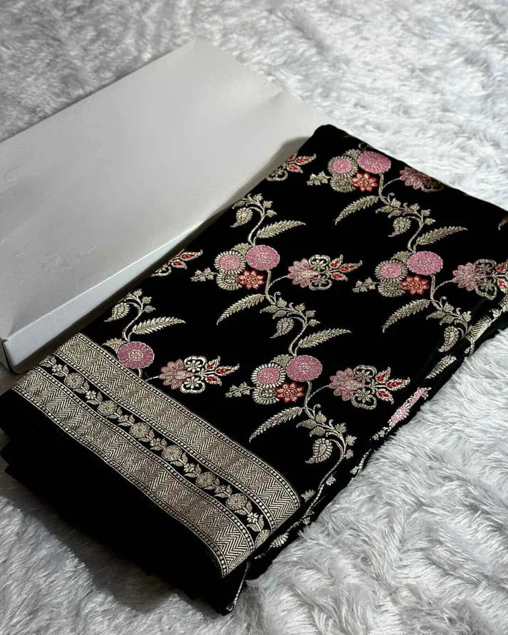 AJA Heritage Black Banarasi Mashru Silk Saree with Floral Meenakari Jaal