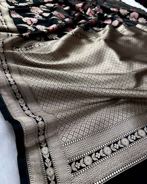 AJA Heritage Black Banarasi Mashru Silk Saree with Floral Meenakari Jaal