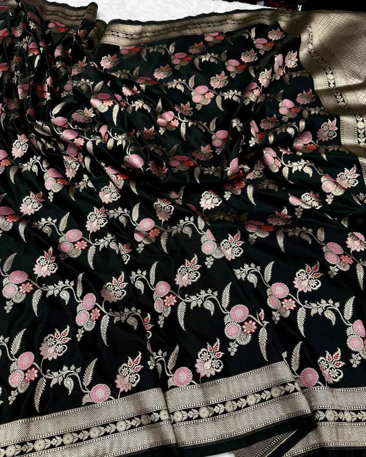 AJA Heritage Black Banarasi Mashru Silk Saree with Floral Meenakari Jaal