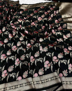 AJA Heritage Black Banarasi Mashru Silk Saree with Floral Meenakari Jaal