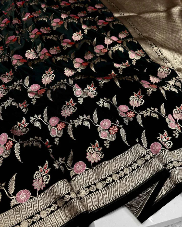 AJA Heritage Black Banarasi Mashru Silk Saree with Floral Meenakari Jaal