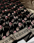 AJA Heritage Black Banarasi Mashru Silk Saree with Floral Meenakari Jaal