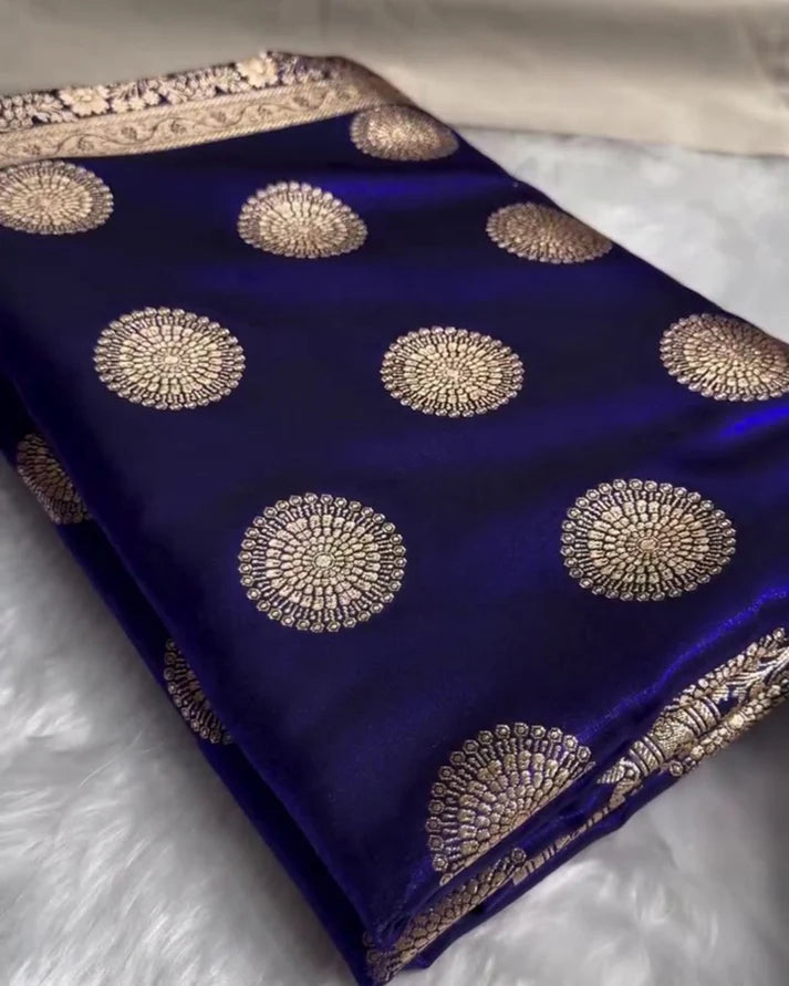 Royal Blue Banarasi Satin Silk Saree with Gold Zari Chakri Motifs