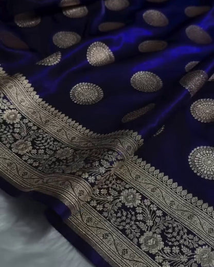 Royal Blue Banarasi Satin Silk Saree with Gold Zari Chakri Motifs