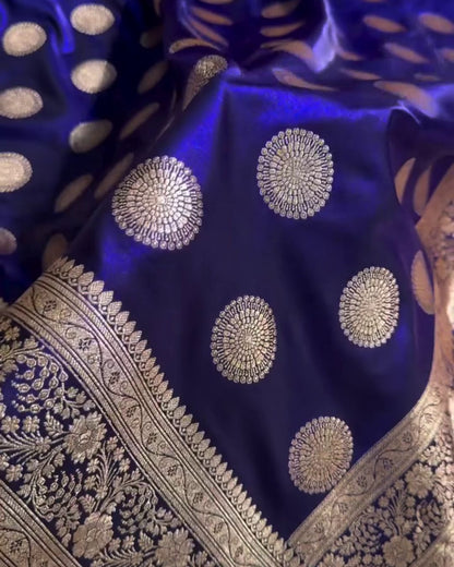 Royal Blue Banarasi Satin Silk Saree with Gold Zari Chakri Motifs