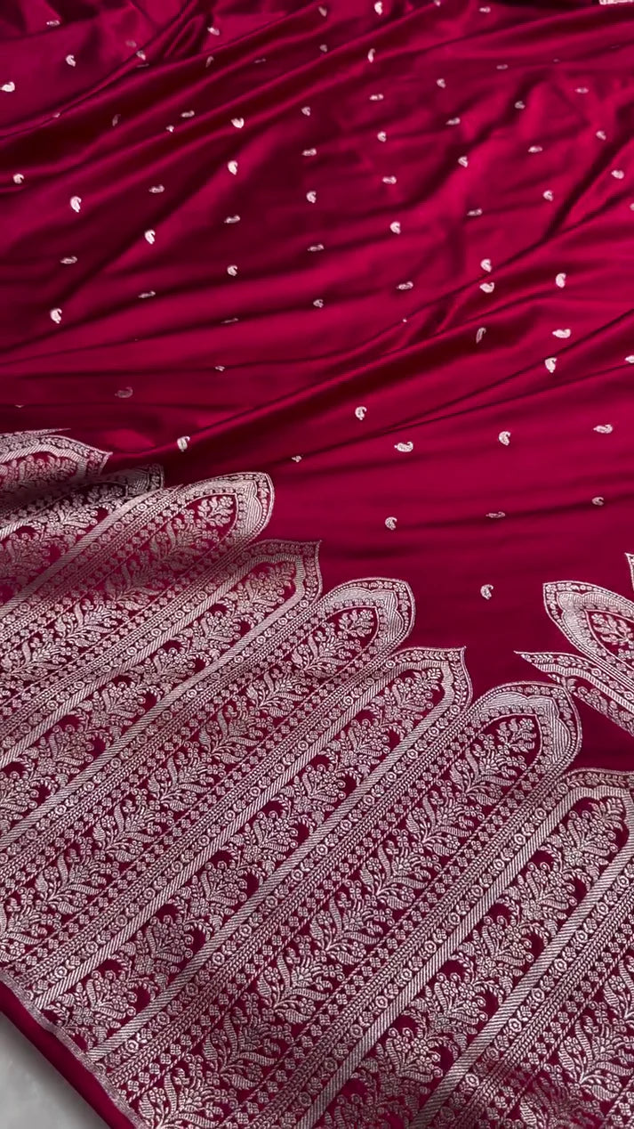 Maroon Banarasi Silk Saree with Intricate Silver Zari Pallu | AJA