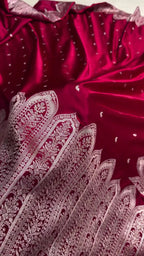 Maroon Banarasi Silk Saree with Intricate Silver Zari Pallu | AJA
