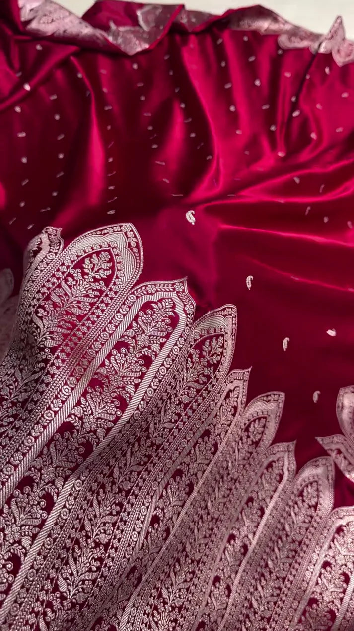 Maroon Banarasi Silk Saree with Intricate Silver Zari Pallu | AJA