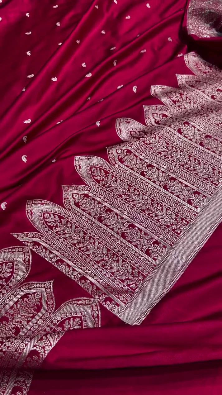 Maroon Banarasi Silk Saree with Intricate Silver Zari Pallu | AJA