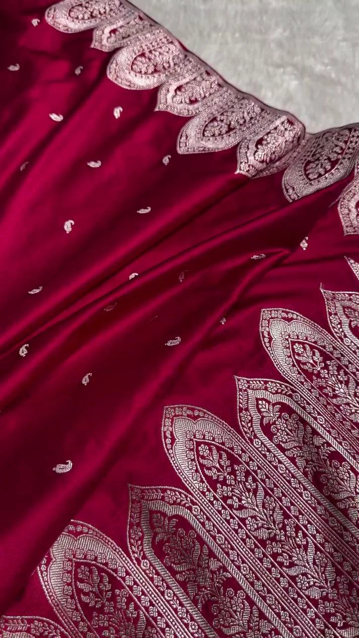 Maroon Banarasi Silk Saree with Intricate Silver Zari Pallu | AJA