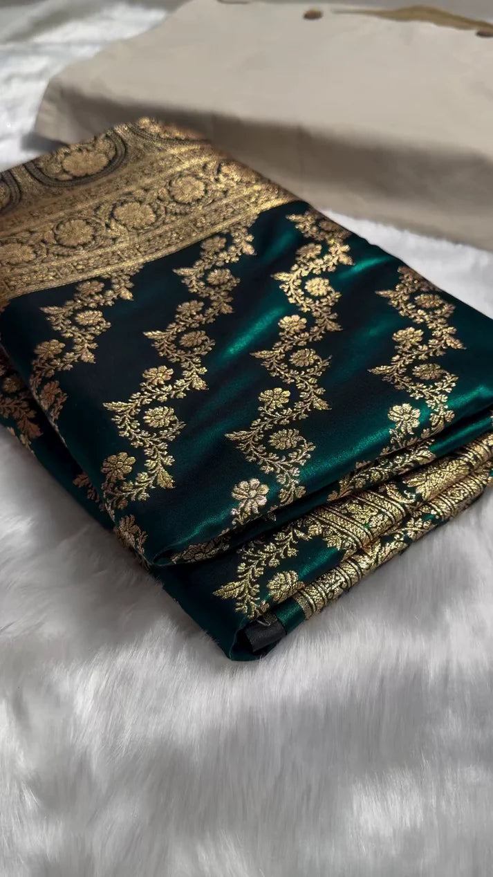 Dark Teal Green Banarasi Silk Saree with Heavy Gold Zari Floral Jaal Weave