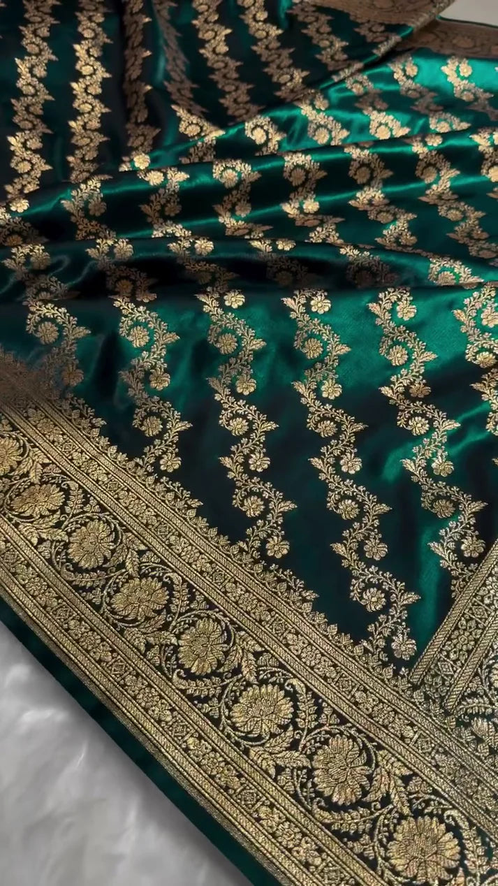 Dark Teal Green Banarasi Silk Saree with Heavy Gold Zari Floral Jaal Weave