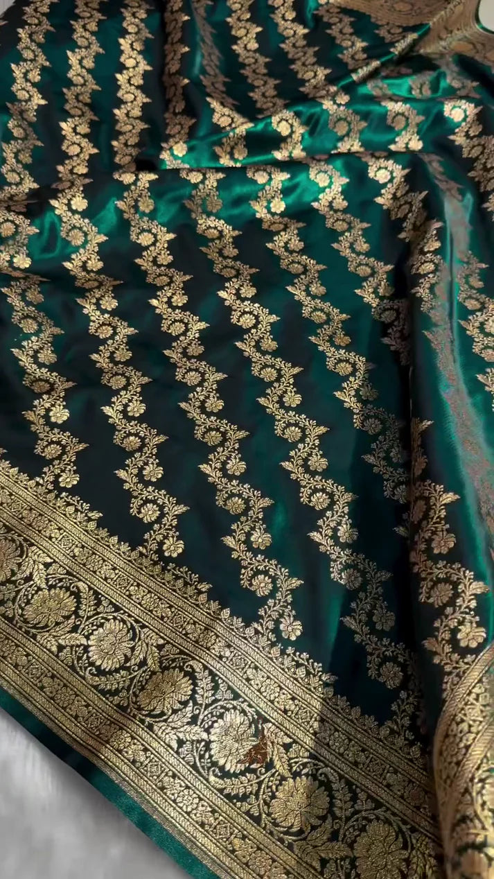 Dark Teal Green Banarasi Silk Saree with Heavy Gold Zari Floral Jaal Weave