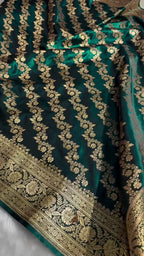 Dark Teal Green Banarasi Silk Saree with Heavy Gold Zari Floral Jaal Weave