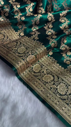 Dark Teal Green Banarasi Silk Saree with Heavy Gold Zari Floral Jaal Weave