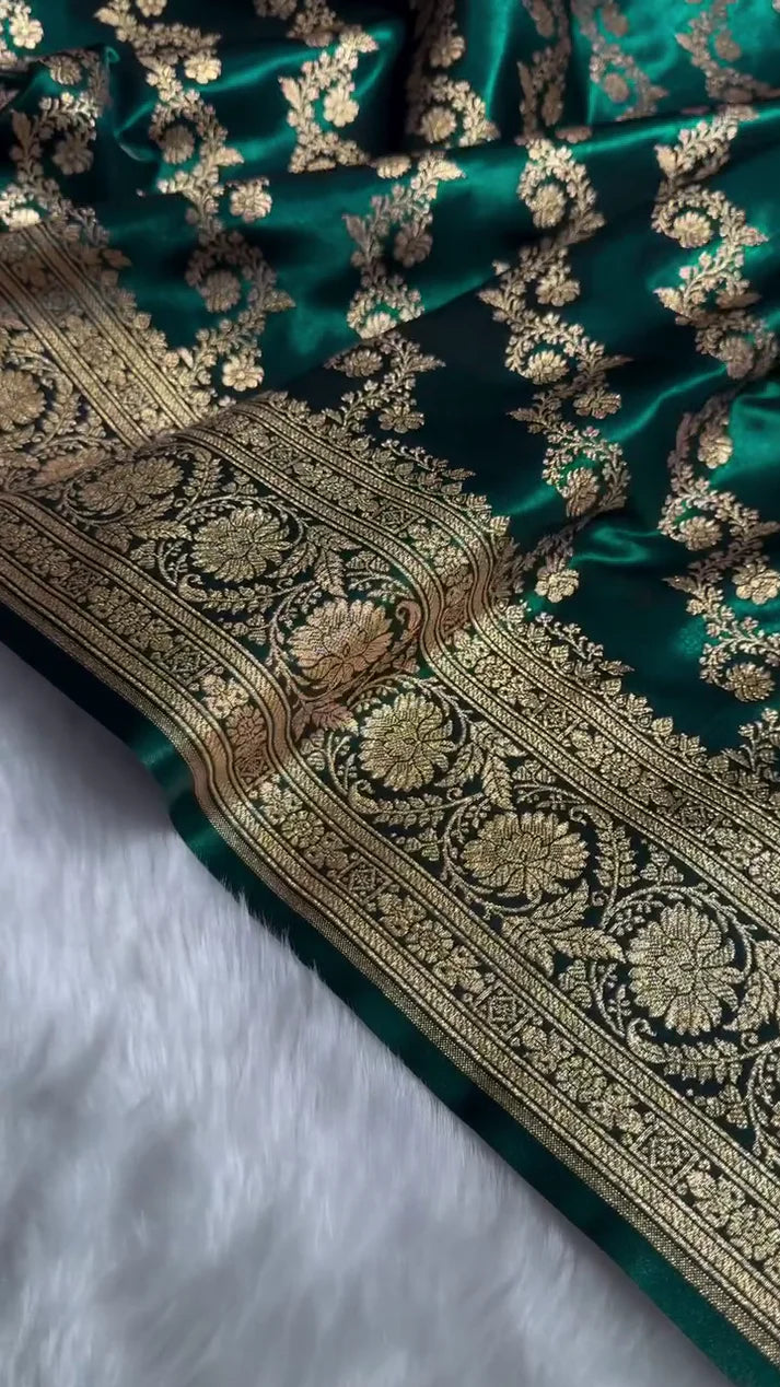 Dark Teal Green Banarasi Silk Saree with Heavy Gold Zari Floral Jaal Weave