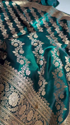 Dark Teal Green Banarasi Silk Saree with Heavy Gold Zari Floral Jaal Weave