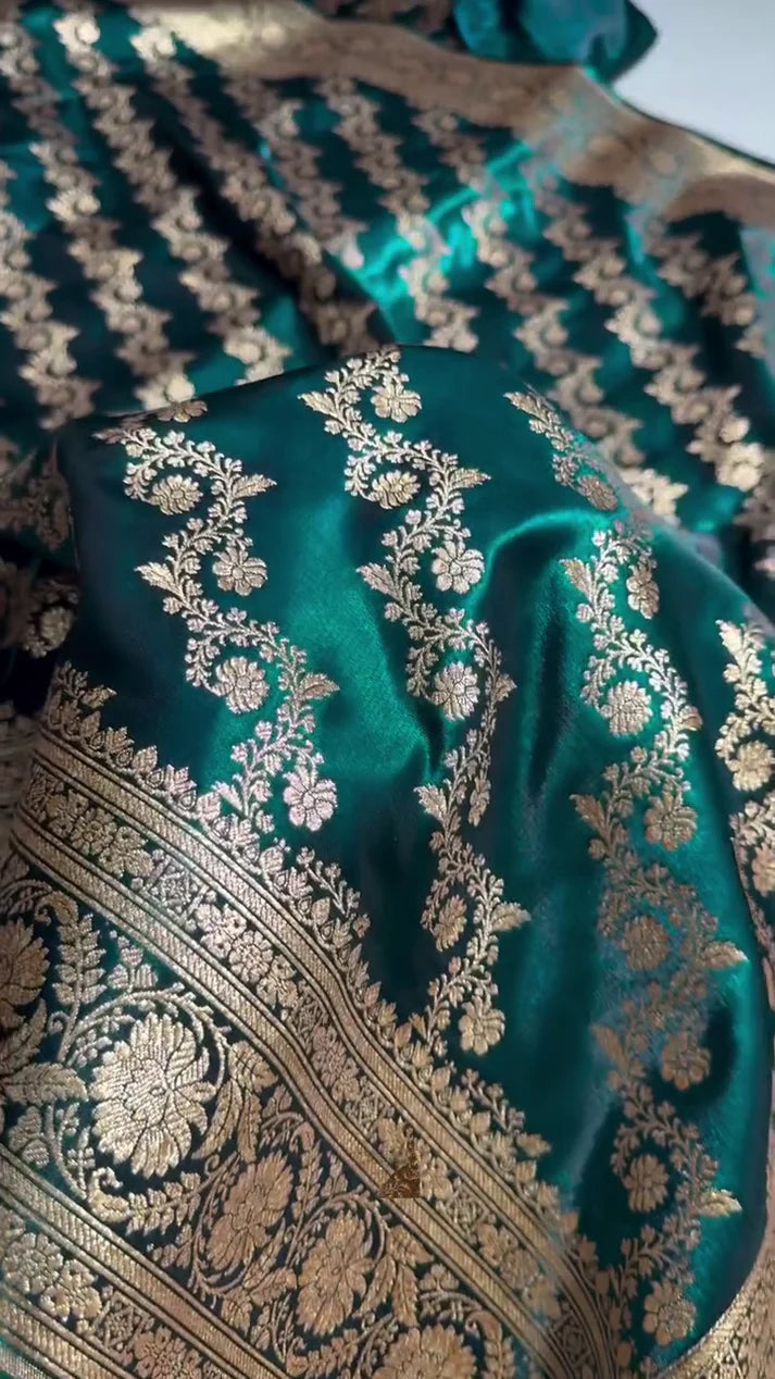 Dark Teal Green Banarasi Silk Saree with Heavy Gold Zari Floral Jaal Weave