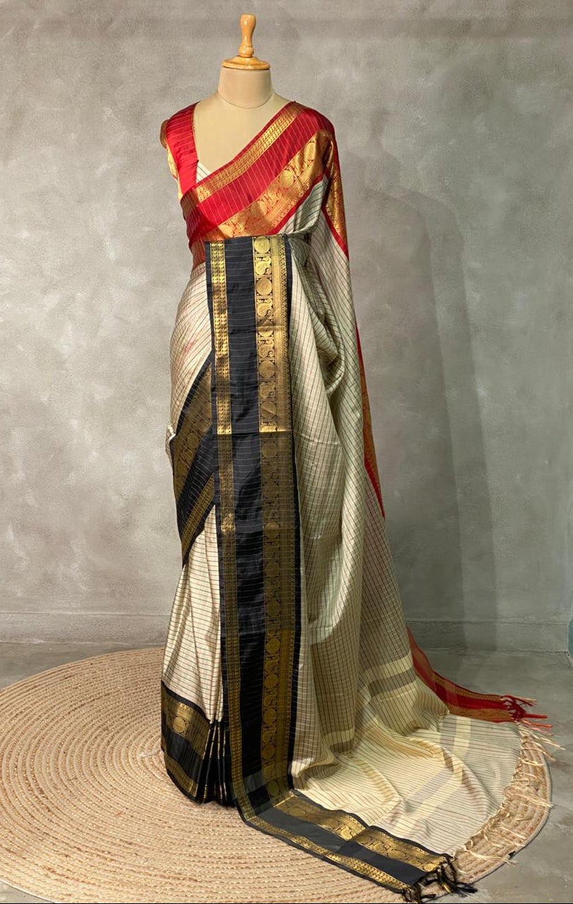 Beige ,Red and maroon silk saree