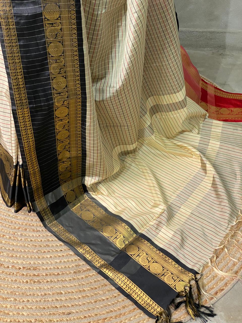 Beige ,Red and maroon silk saree