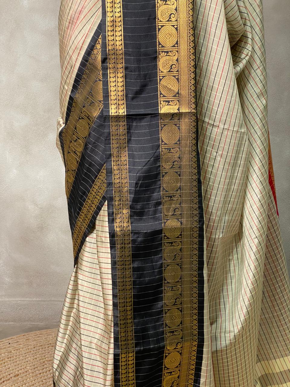 Beige ,Red and maroon silk saree