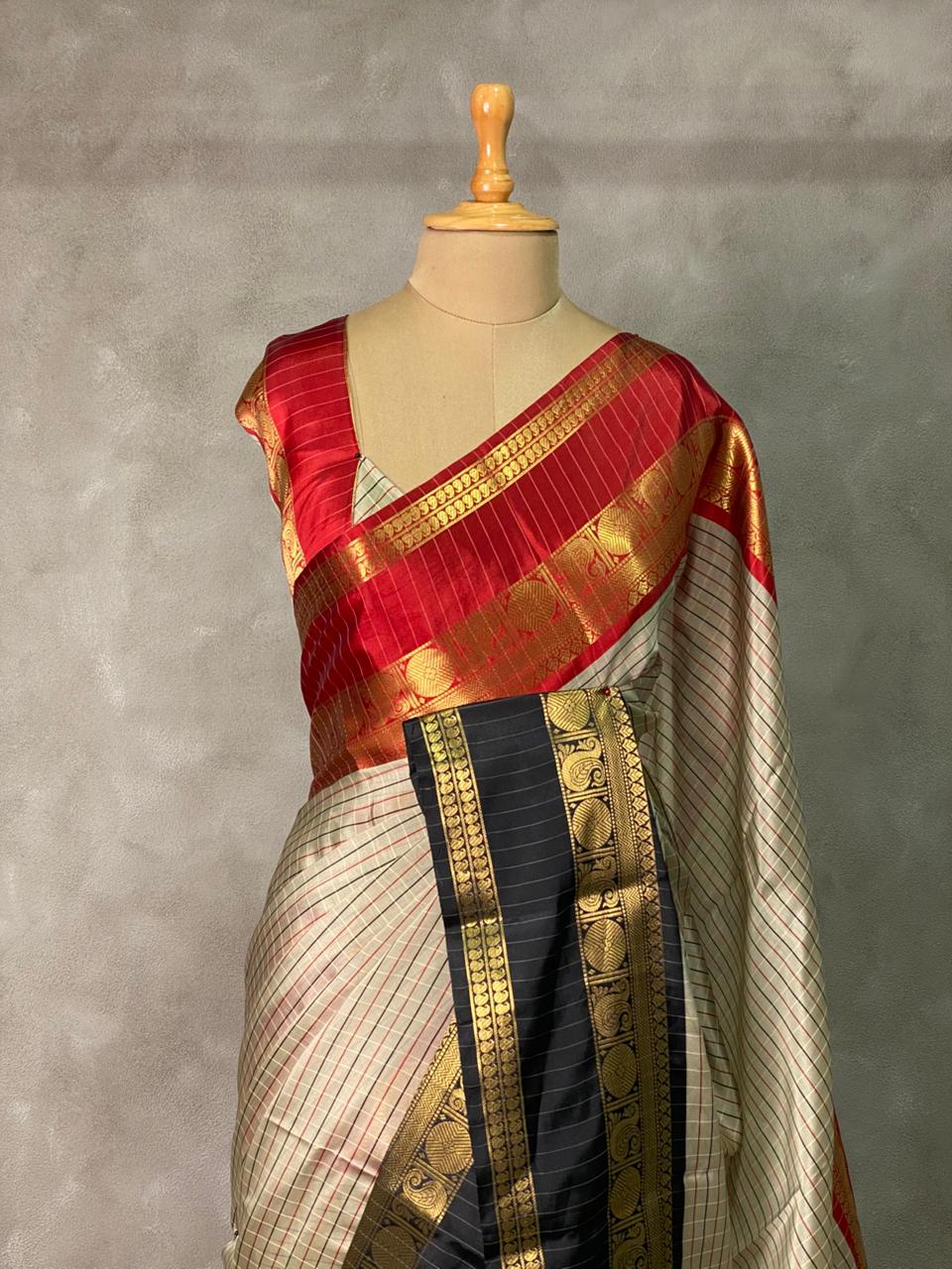 Beige ,Red and maroon silk saree